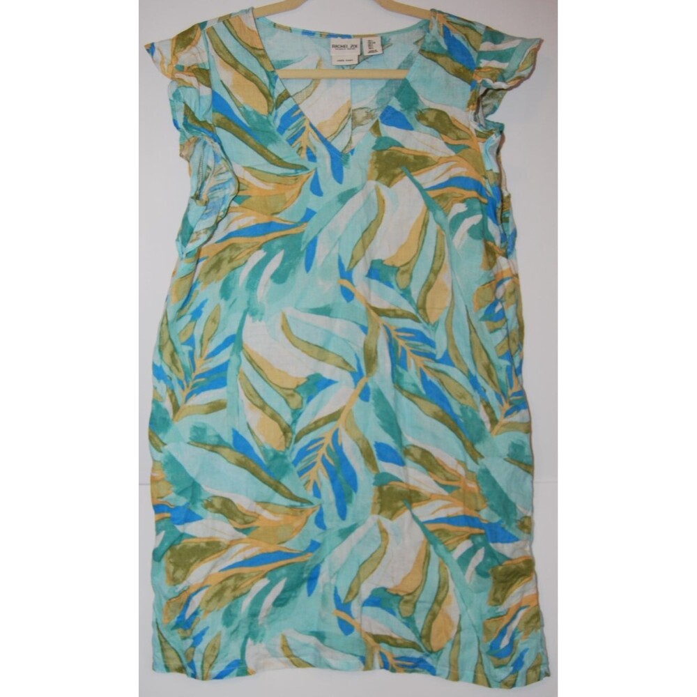 Rachel Zoe 100% Linen Ruffle Sleeve Dress Cottagecore Floral Island Boho Large